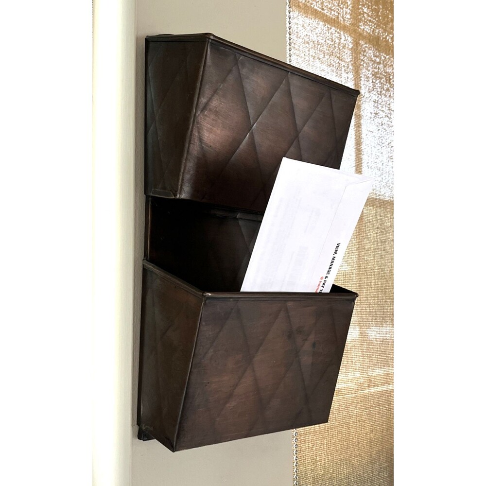 Metal Wall-Mounted Letter Mail Holder Antiqued Bronze Finish Diamond Pattern